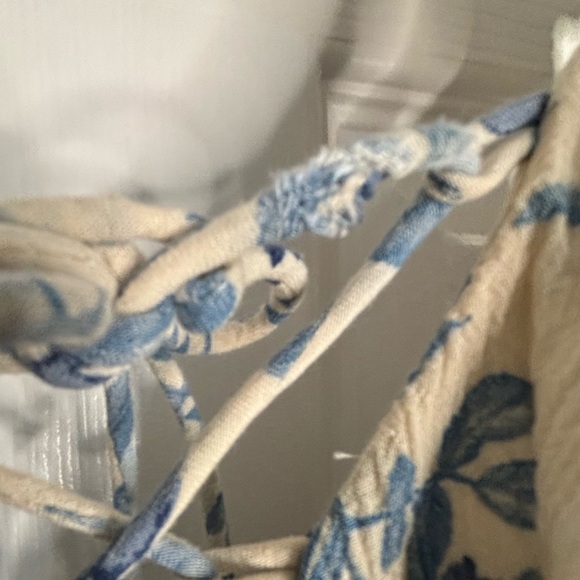 AE Tan and Blue Floral Wide-Leg Jumpsuit with Corset Back, Tie Waist and Ruffles - Picture 4 of 4